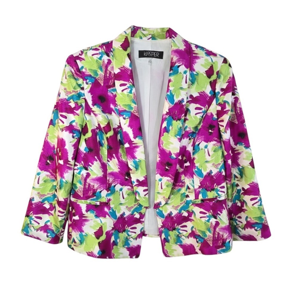 Vintage KASPER SATIN JACKET Blazer Top WHITE/PURPLE/GREEN Abstract Floral 12P